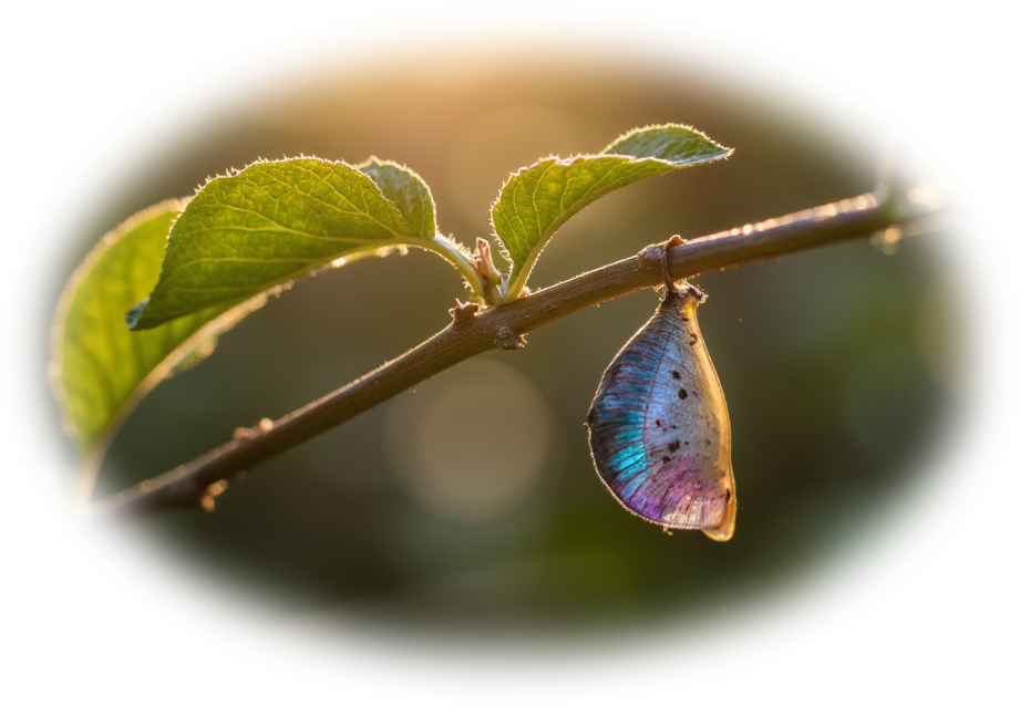 A beautiful chrysalis hangs delicately from a slender tree branch